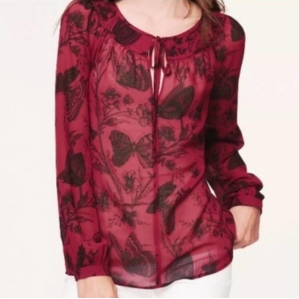 Loft Butterfly Floral Tie Neck Chiffon Blouse - Picture 10 of 10